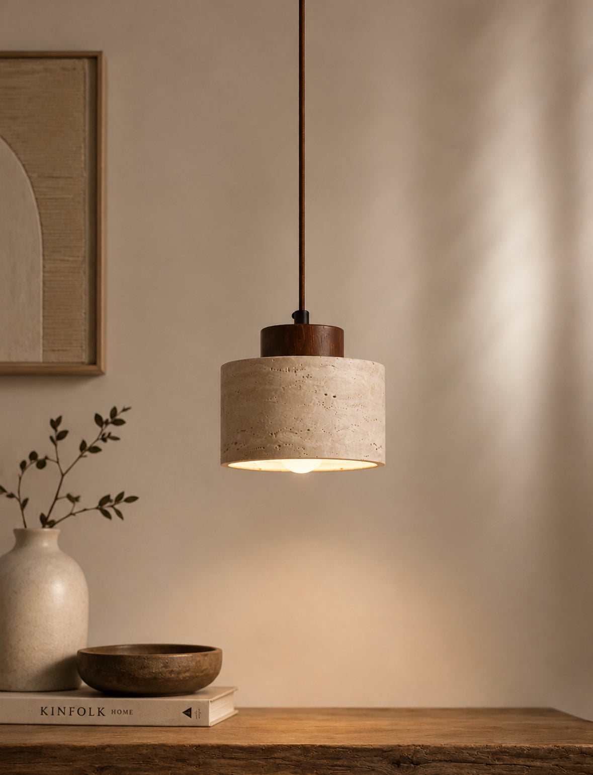 ISHI - Lampe suspendue travertin naturel et bois