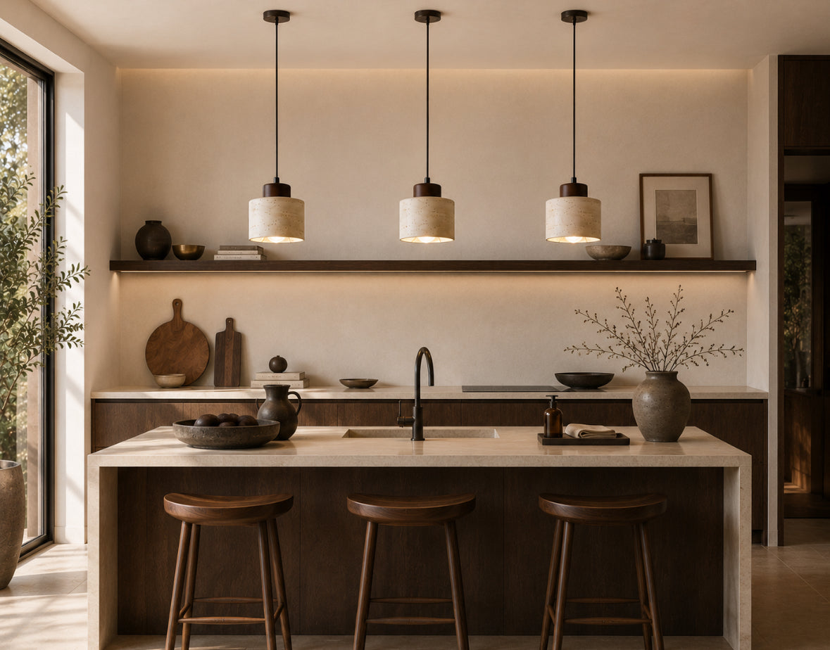 ISHI - Lampe suspendue travertin naturel et bois