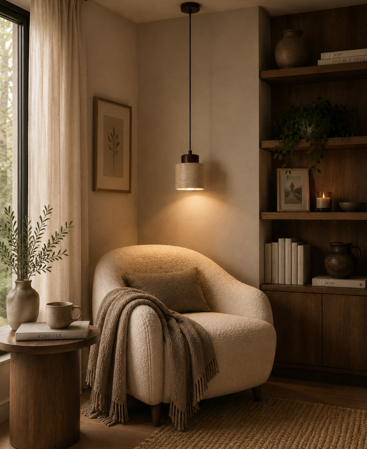 ISHI - Lampe suspendue travertin naturel et bois