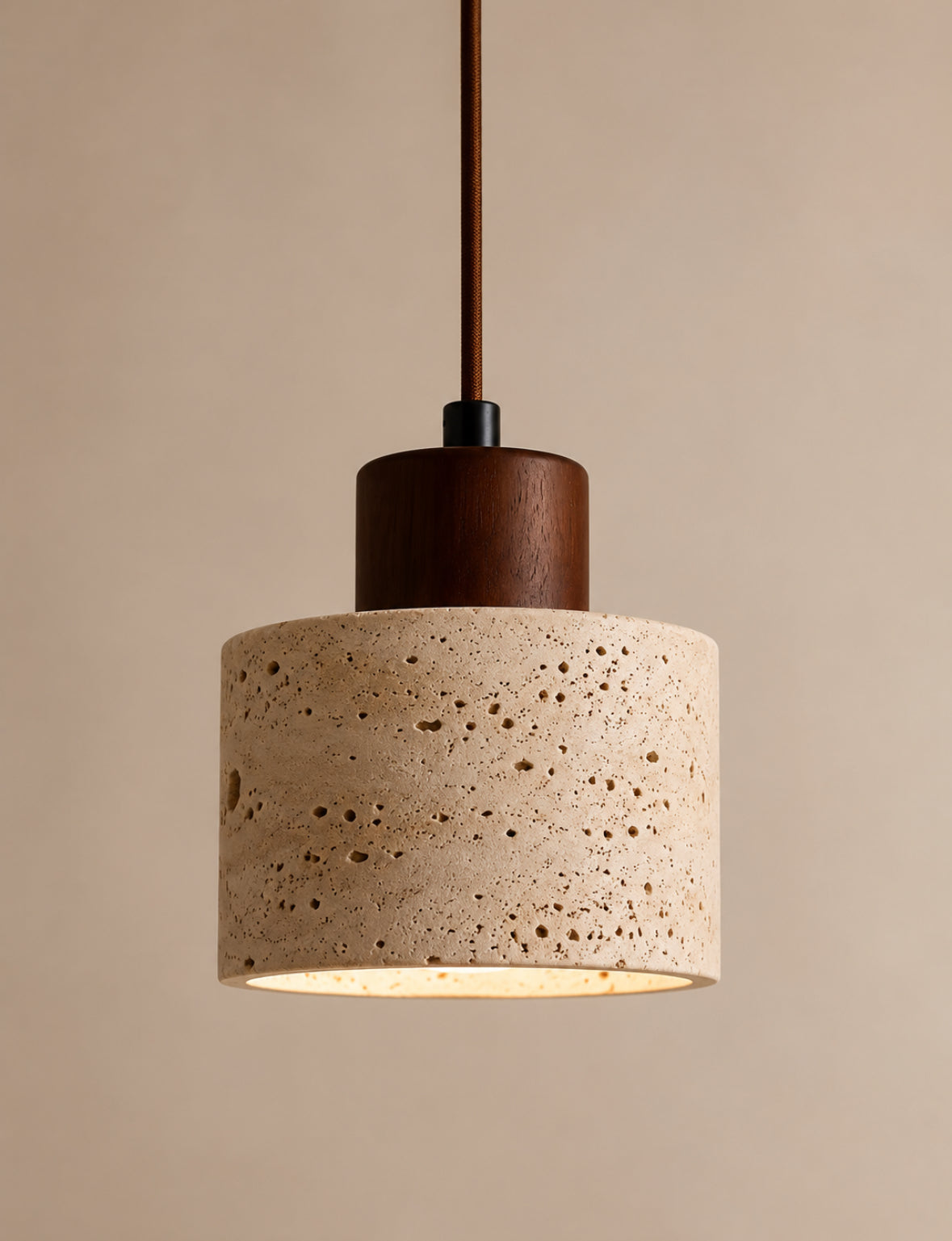 ISHI - Lampe suspendue travertin naturel et bois
