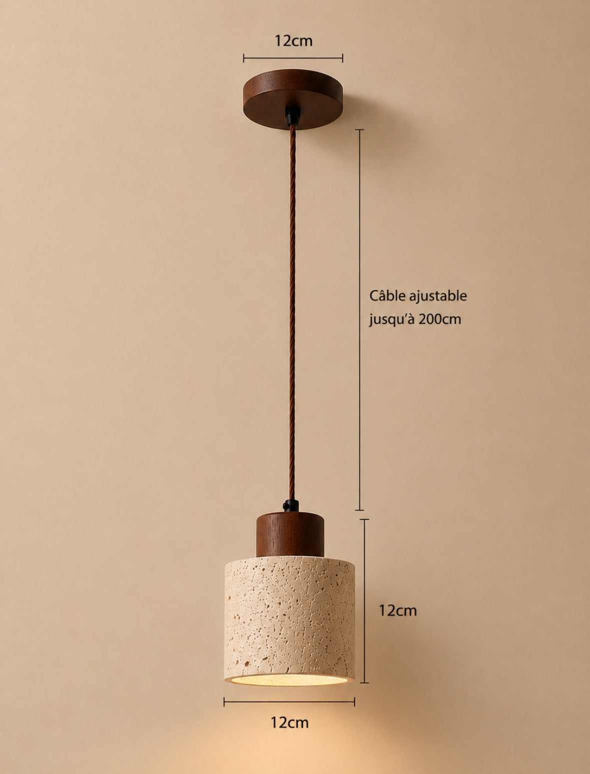 ISHI - Lampe suspendue travertin naturel et bois