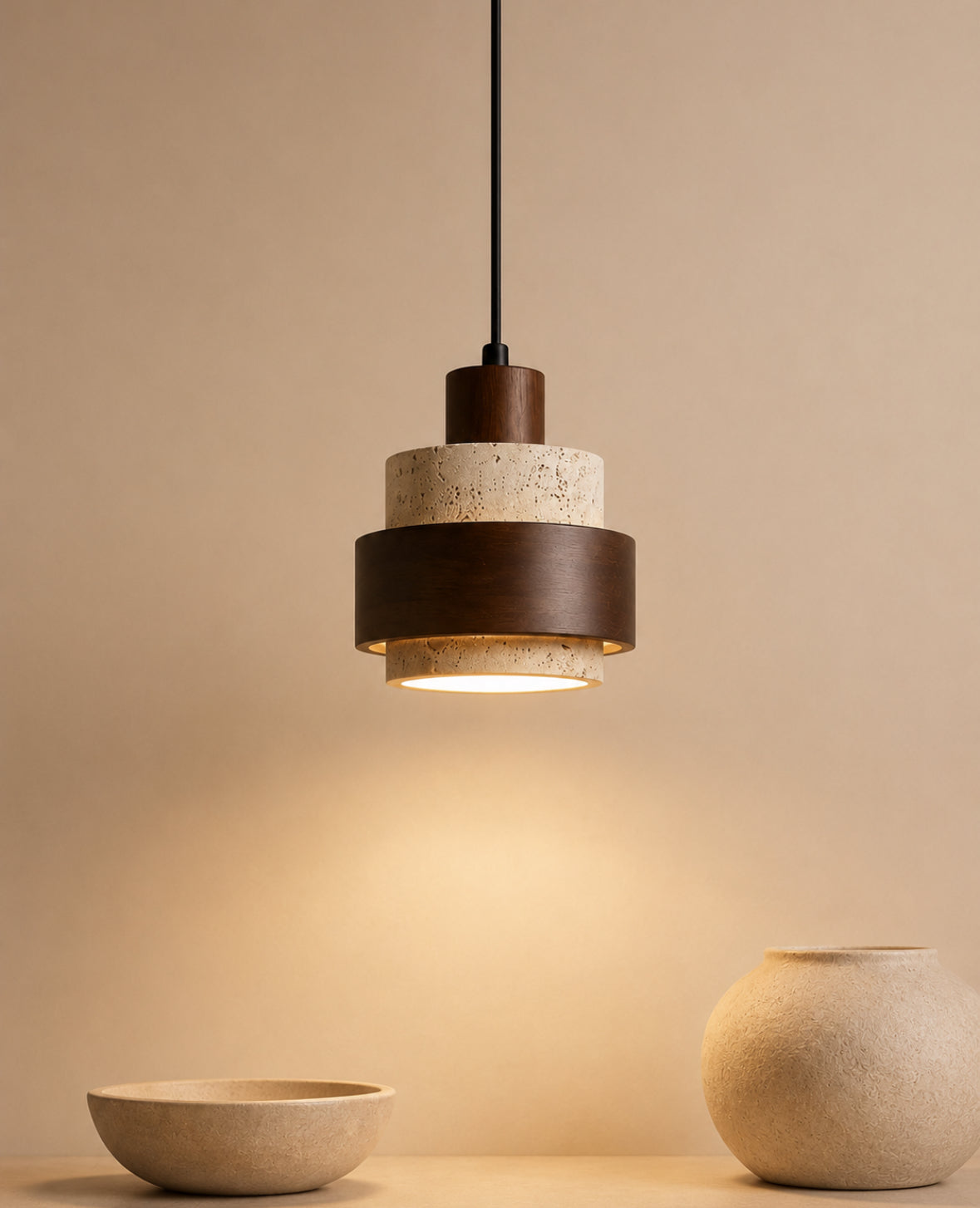 MORI - Lampe suspendue travertin naturel et bois