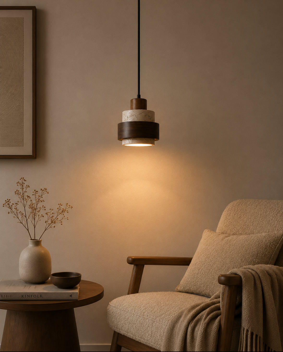 MORI - Lampe suspendue travertin naturel et bois