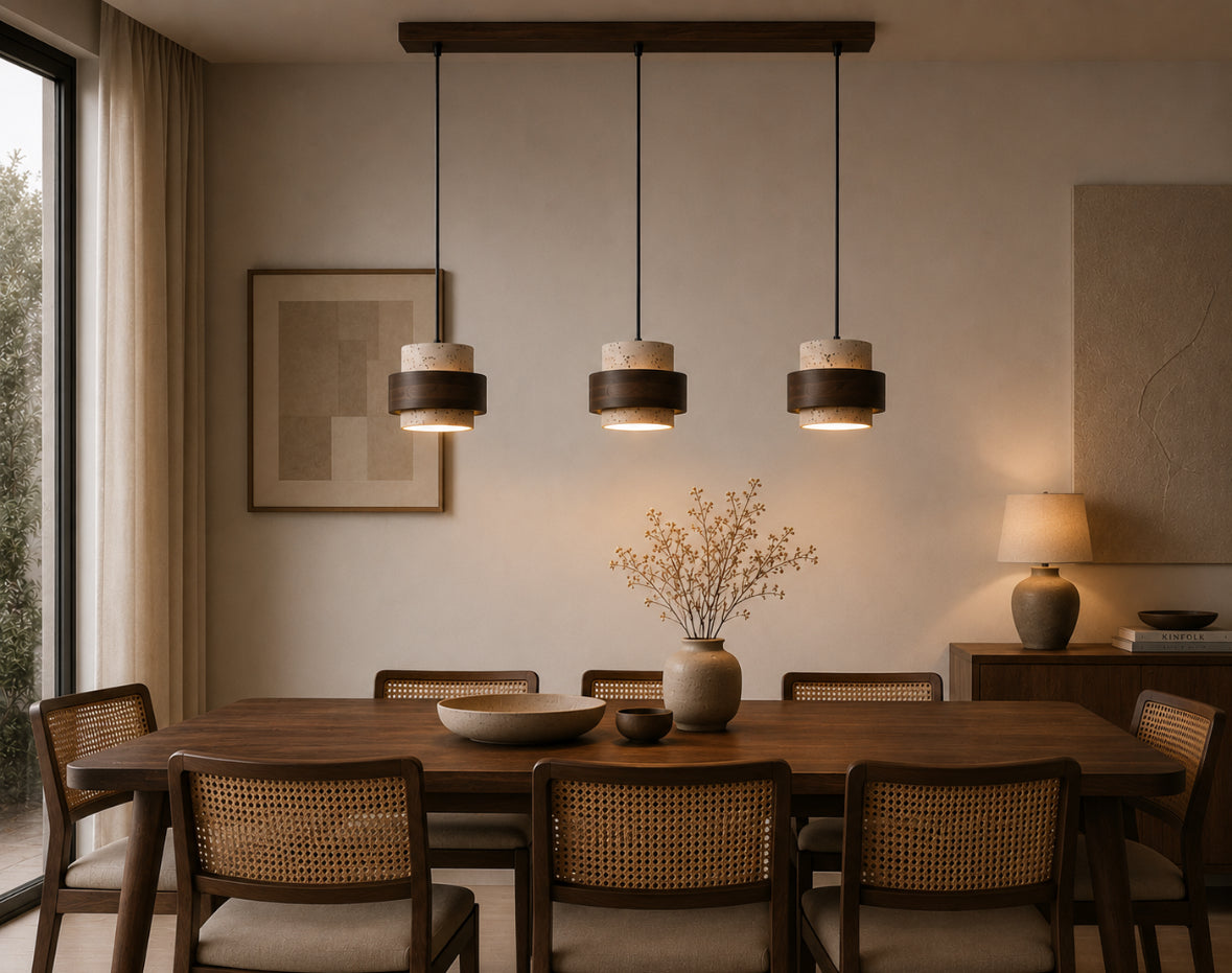 MORI - Lampe suspendue travertin naturel et bois