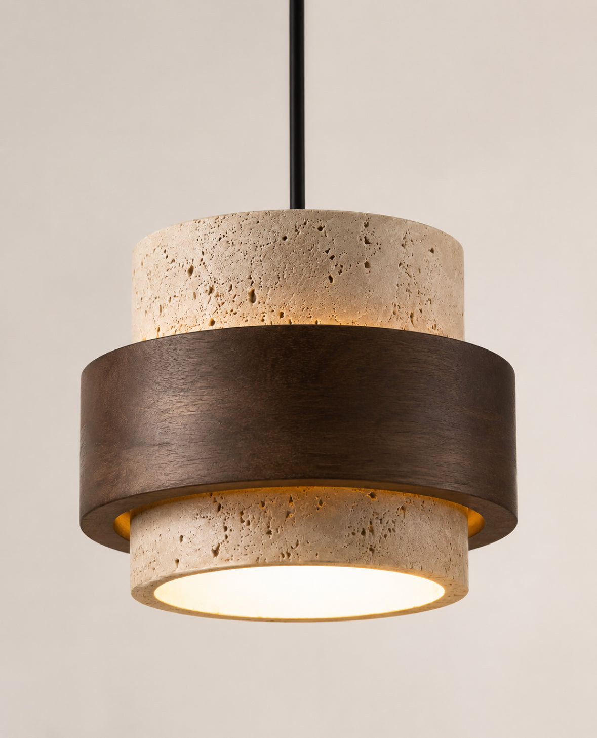 MORI - Lampe suspendue travertin naturel et bois