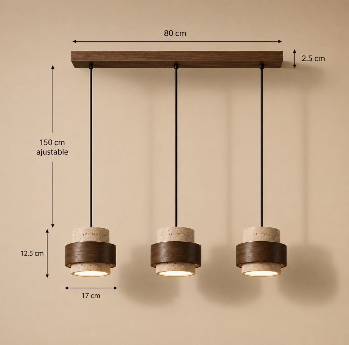 MORI - Lampe suspendue travertin naturel et bois