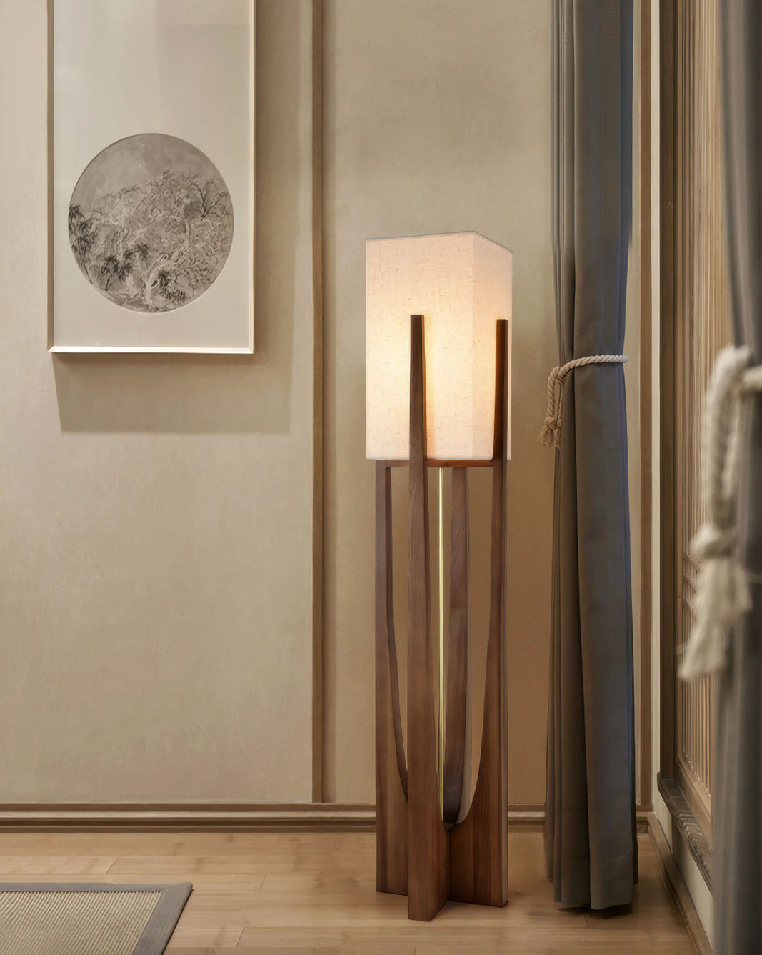 LUNDEBY - Lampe à poser bois laiton et lin